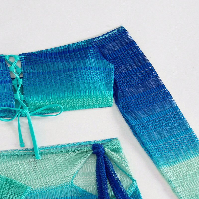 NEW STOCK Bandeau Top Women 3Pieces Swimwear Long Sleeve Crop Top Knitted Skirt Brazilian Bikini Set