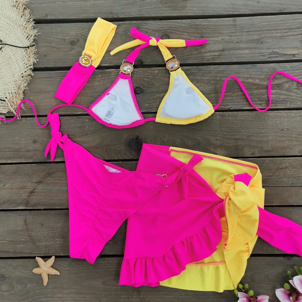 STOCK 6Colors Women 4Pieces Swimwear Scrunch Jewel Bikini Gem Swimsuit Hair Band Beach Sarong