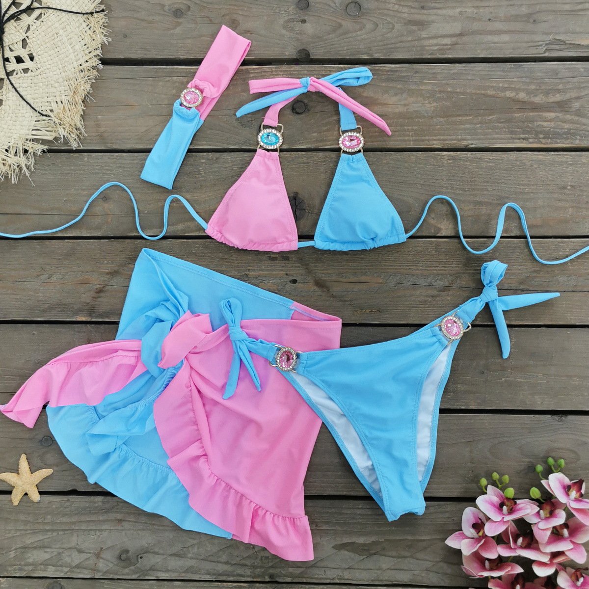 STOCK 6Colors Women 4Pieces Swimwear Scrunch Jewel Bikini Gem Swimsuit Hair Band Beach Sarong
