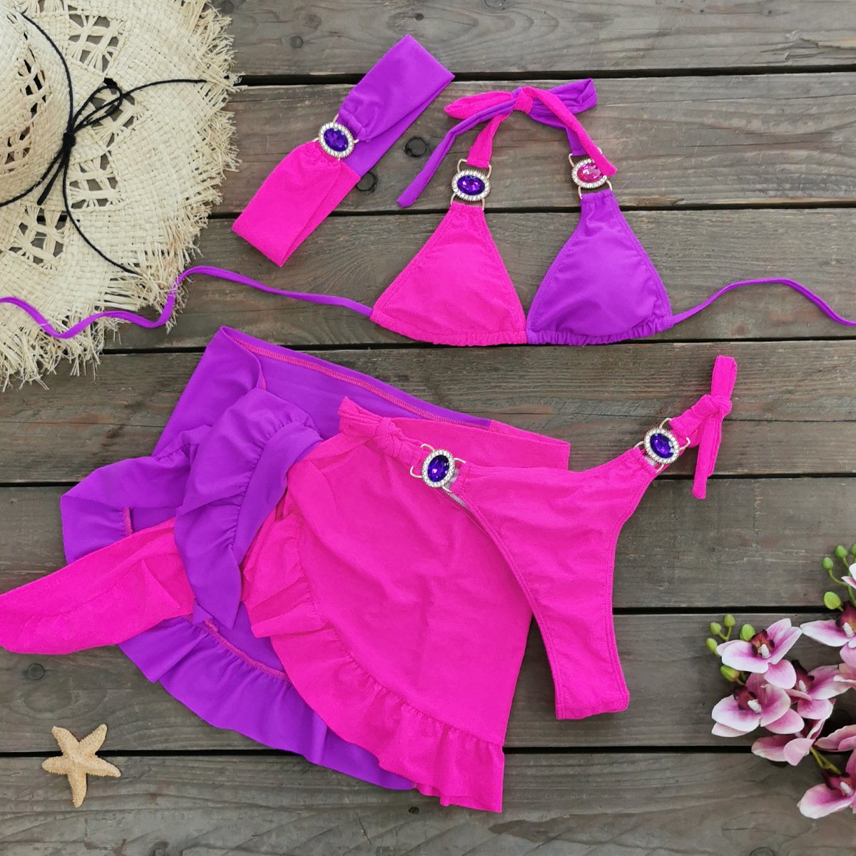 STOCK 6Colors Women 4Pieces Swimwear Scrunch Jewel Bikini Gem Swimsuit Hair Band Beach Sarong