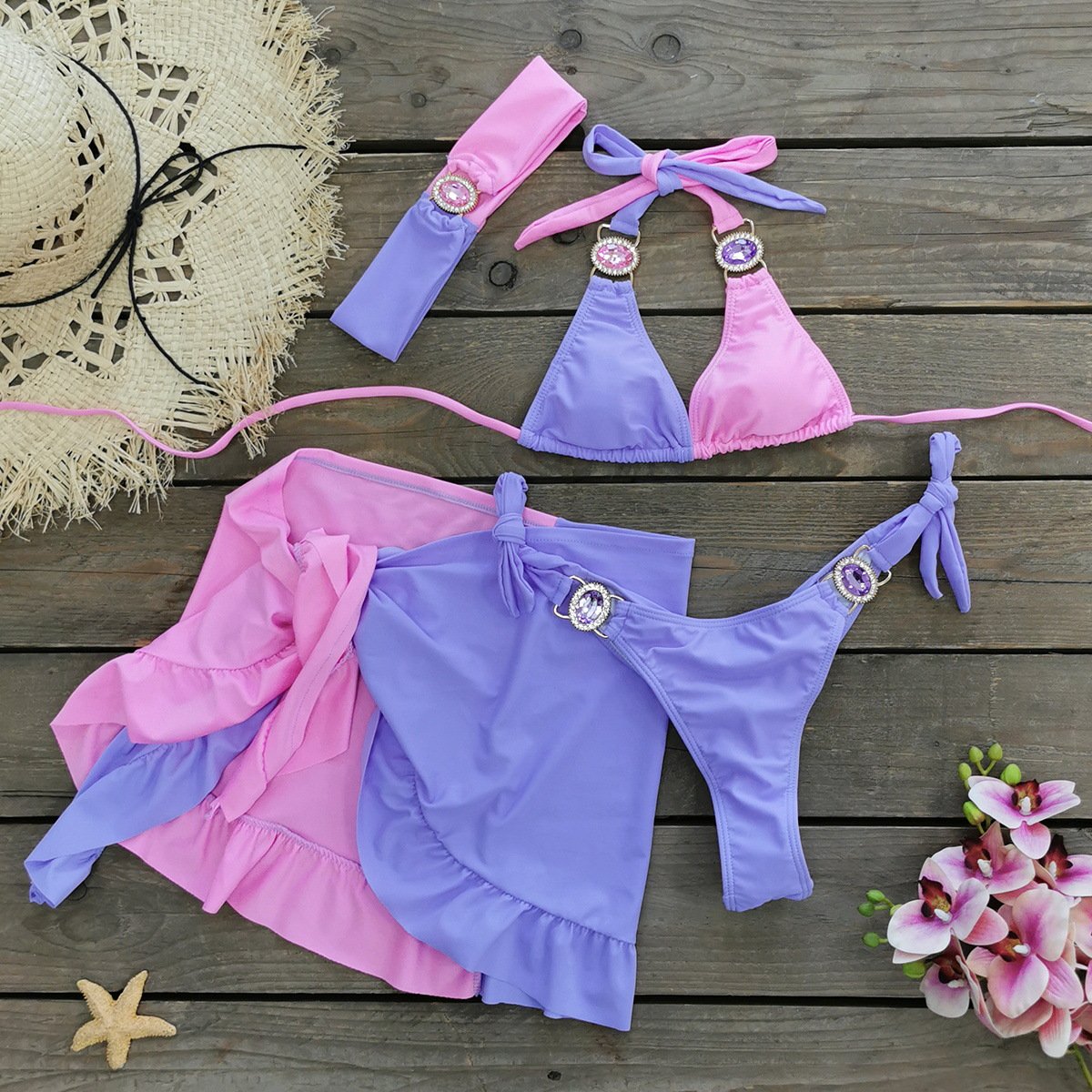 STOCK 6Colors Women 4Pieces Swimwear Scrunch Jewel Bikini Gem Swimsuit Hair Band Beach Sarong