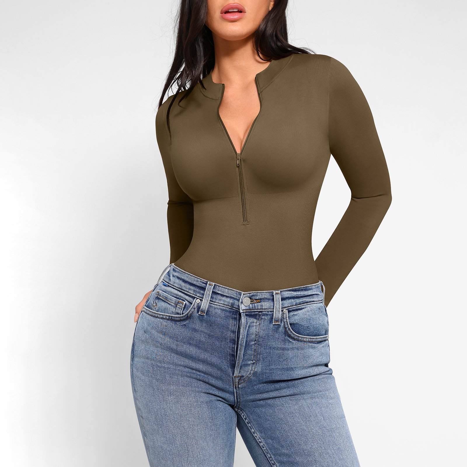 Hexin Wholesale Tiktok Hot Selling Seamless Body Shaper Long Sleeved Shapewear Bodysuit Slim Zipper Thong Bodysuits For Women