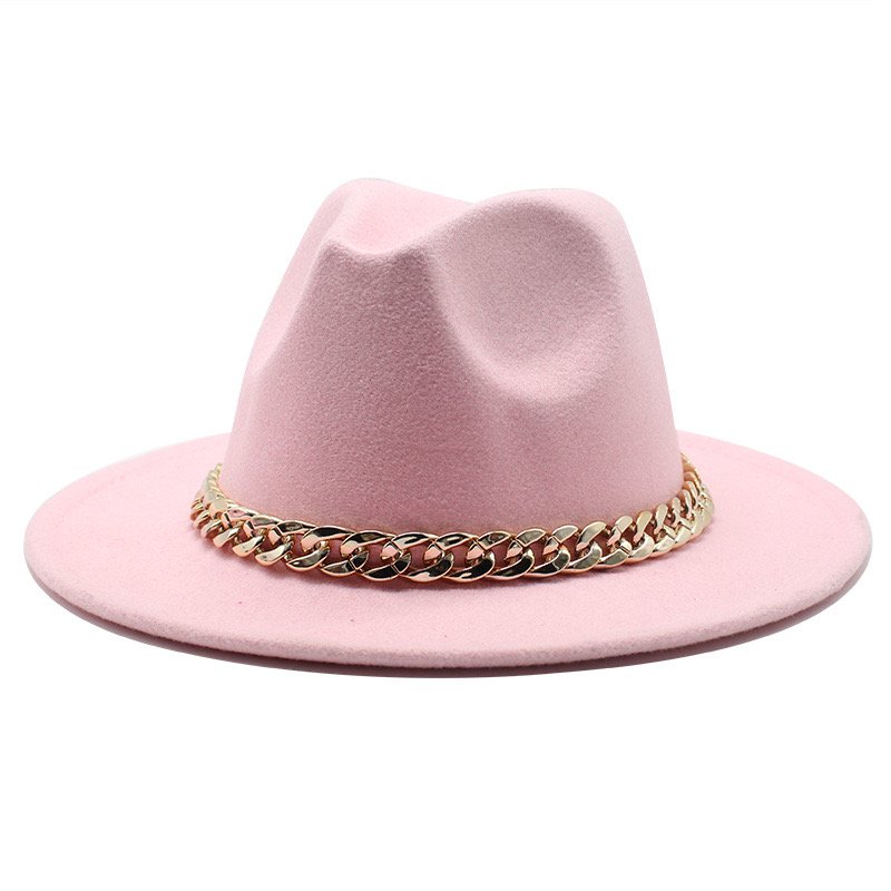 Wholesale Autumn Winter British cotton polyester Fedora Hat Women Men Trendy Wide Brim Classic Stylish Chain Belt Fedora Hat