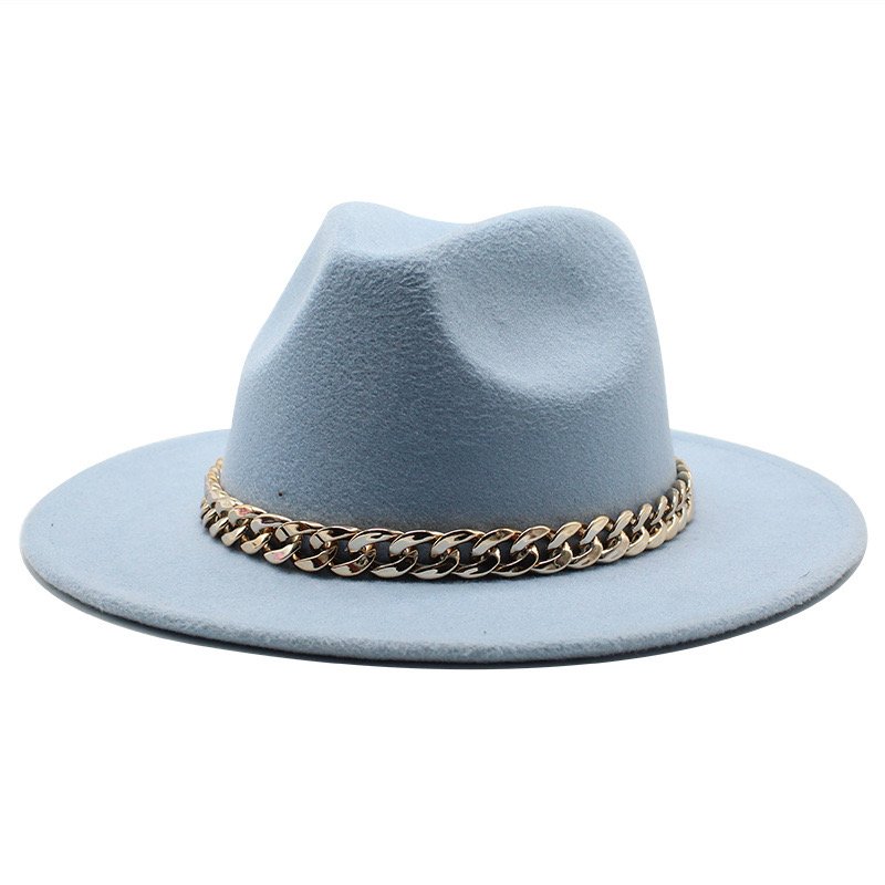 Wholesale Autumn Winter British cotton polyester Fedora Hat Women Men Trendy Wide Brim Classic Stylish Chain Belt Fedora Hat