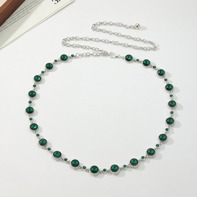 Green Gemstone Rhinestones Diamond Waist Chain Full Crystal Metal Chain Belt Elegant Waist Belt