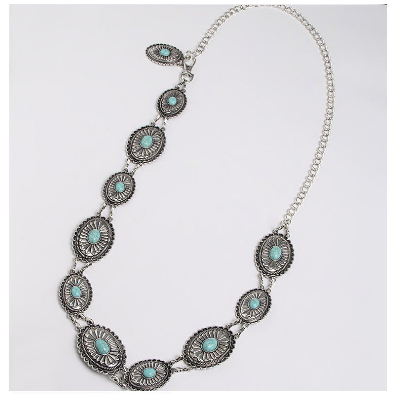 Wholesale Women's Western Oval Turquoise Stone Concho Chain Belt Retro Lady Jewelry