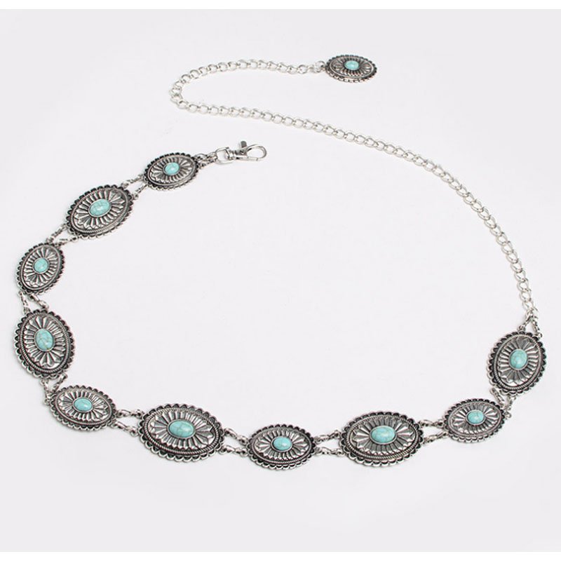 Wholesale Women's Western Oval Turquoise Stone Concho Chain Belt Retro Lady Jewelry