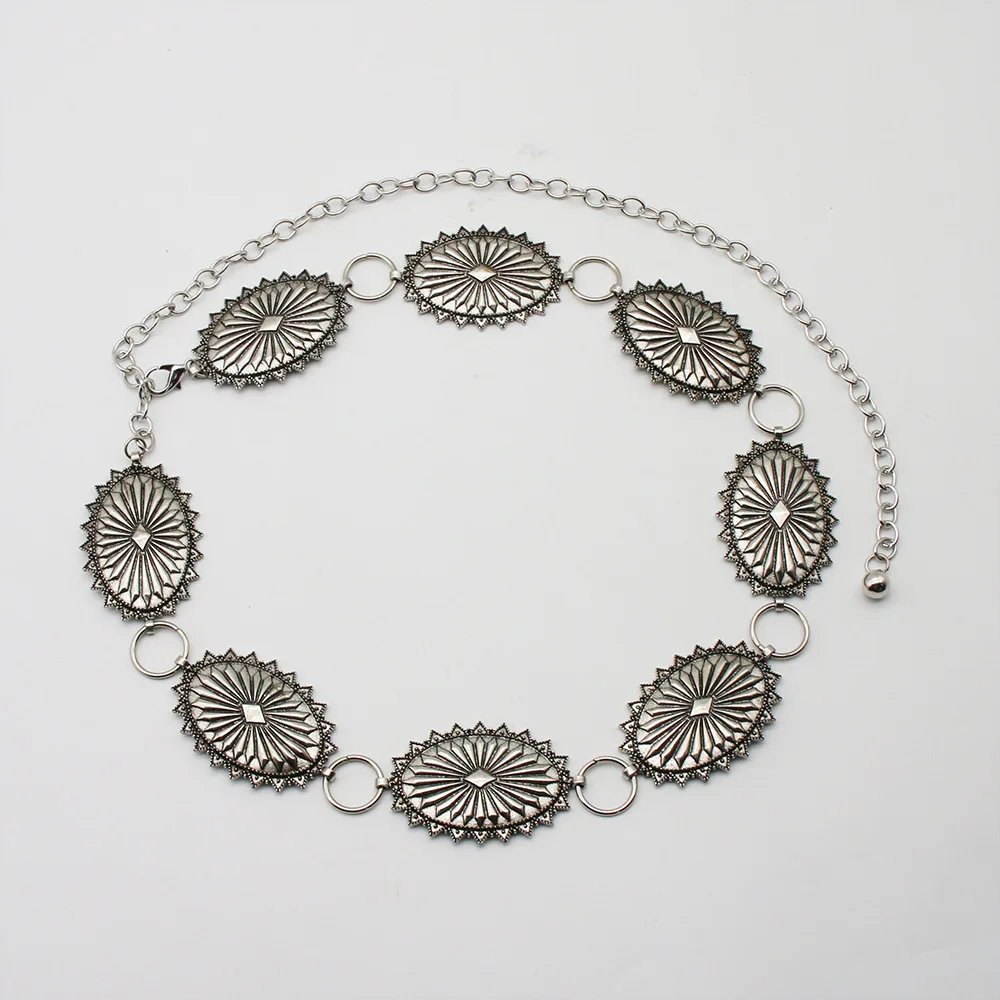 Cowgirl Summer Dress Waist Accessory Southwestern Star Burst Stamped Metal Medallion Concho Chain Body Jewelry Concho Link Belt