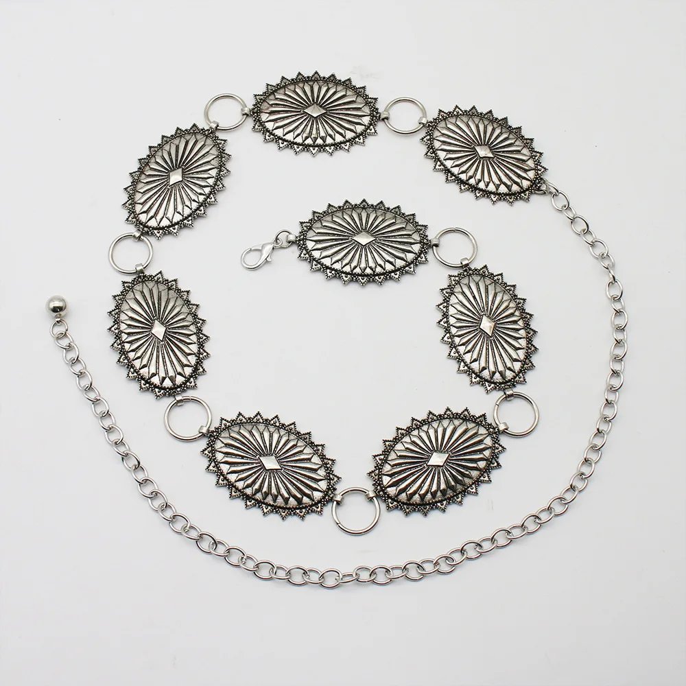 Cowgirl Summer Dress Waist Accessory Southwestern Star Burst Stamped Metal Medallion Concho Chain Body Jewelry Concho Link Belt