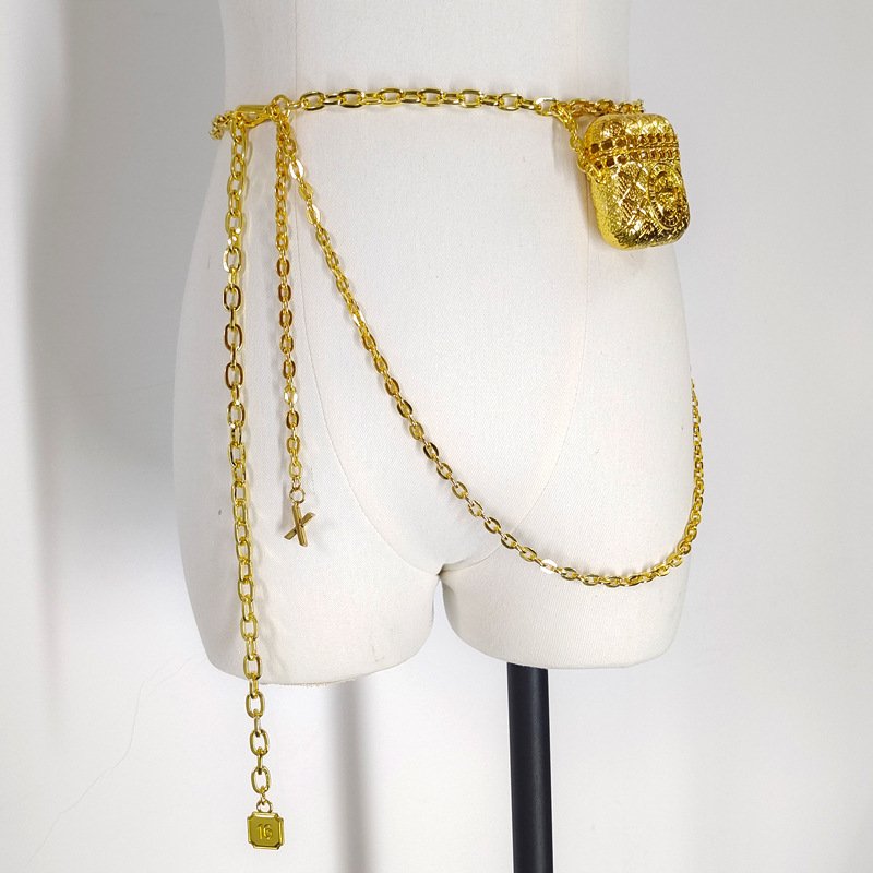 Punk Motorcycle metal Gold Waist Chain belt with Mini Bag For Girls