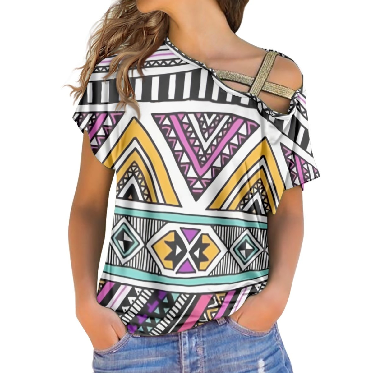 Navajo tribal Printing Pattern Wholesale Custom 2024 Independence Day gift Ladies Sexy Top Short Sleeve Cross Belt Blouse Shirts