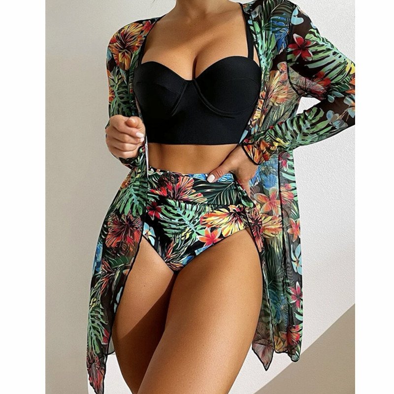 2024 new women's comfortable sexy bikini mesh three-piece set folding printed separate beach swimsuit