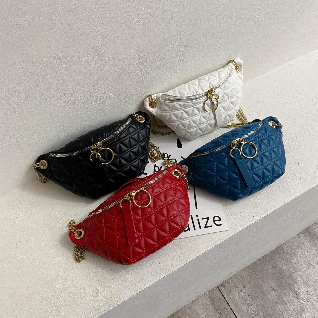 Diamond pattern girls fanny pack ladies chain belt bag waist for woman