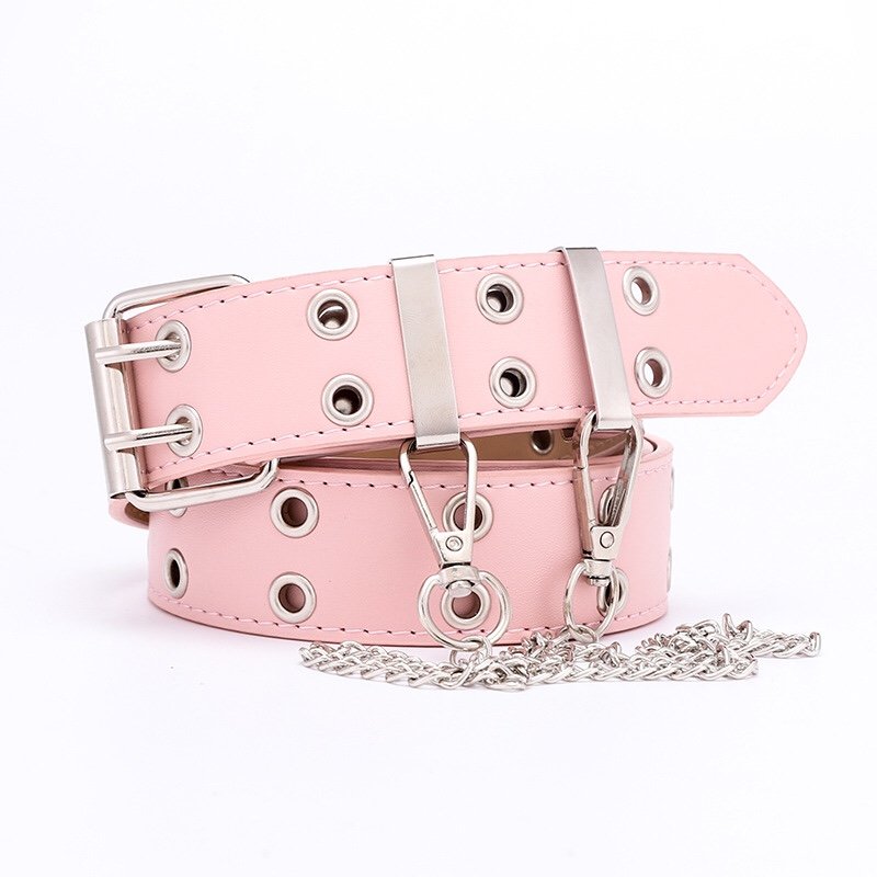 2024 new design double-grommet-belt double row hole eyelet leather punk waist belt with chain for women jeans dresses