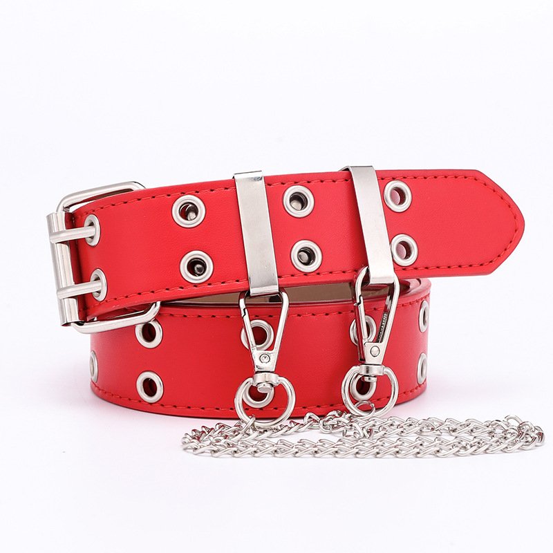 2024 new design double-grommet-belt double row hole eyelet leather punk waist belt with chain for women jeans dresses