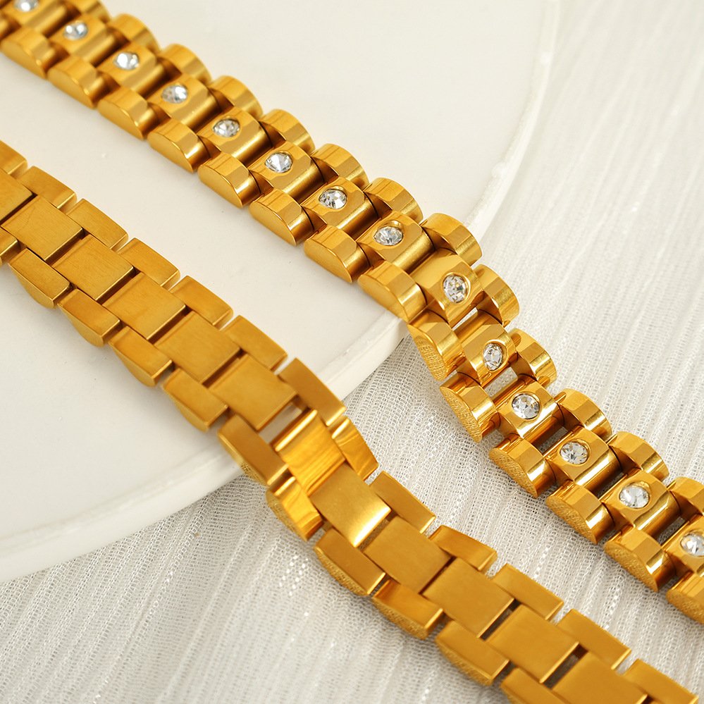 18K PVD Gold Plated Link Chain Chunky CZ Crystal Band Stainless Steel Bracelet Fashion Jewelry
