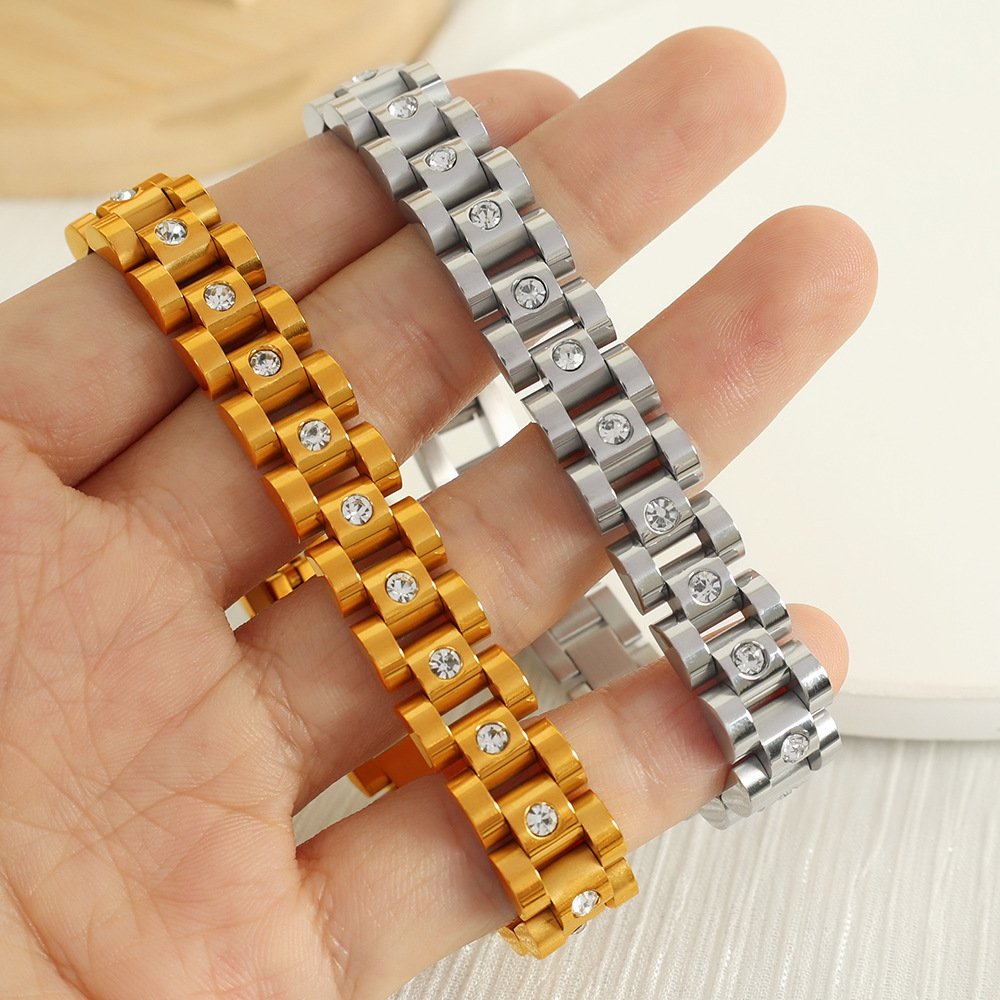 18K PVD Gold Plated Link Chain Chunky CZ Crystal Band Stainless Steel Bracelet Fashion Jewelry
