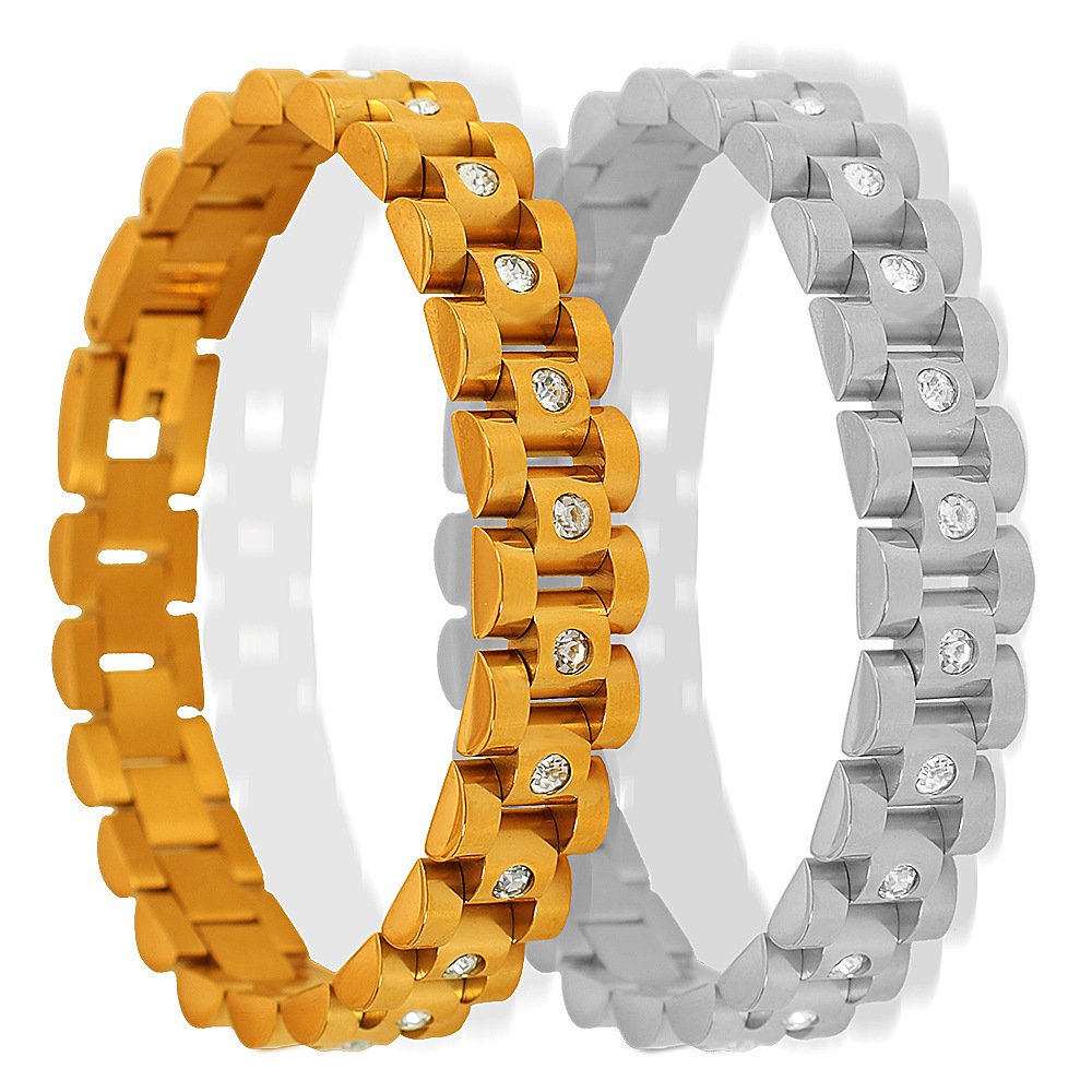 18K PVD Gold Plated Link Chain Chunky CZ Crystal Band Stainless Steel Bracelet Fashion Jewelry