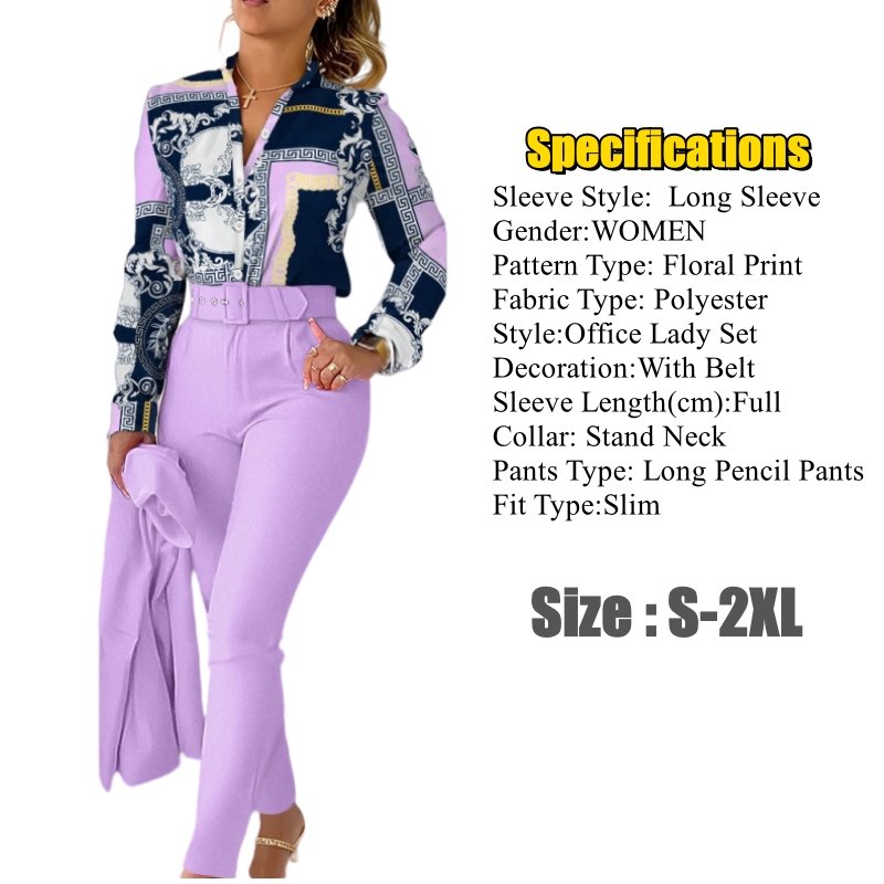 New Women Elegant Two Piece Set Summer Autumn Floral Print Shirt & High Waist Pencil Pants Set Office Lady Slim Suit