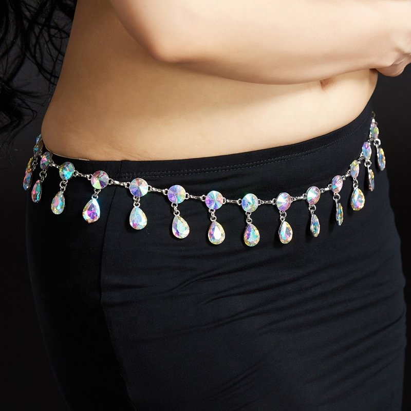 SHE DANCES Belly Dance Metal Silver Colored Water Drop Shape Rhinestone Hip Waist Chain Belt for Oriental Belly Dancers