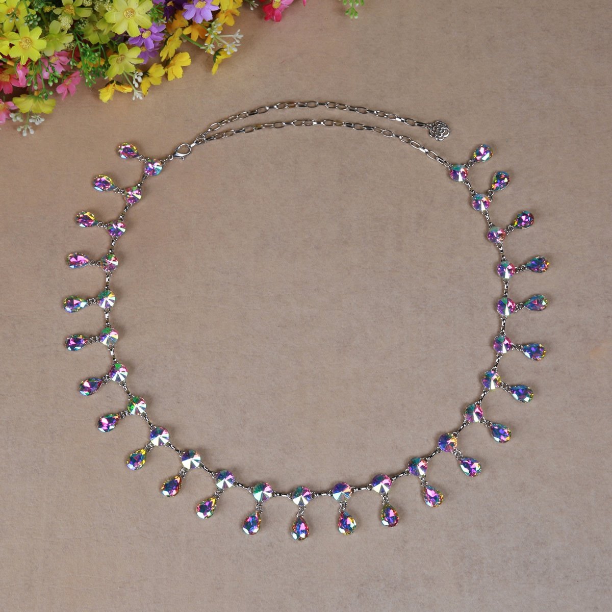 SHE DANCES Belly Dance Metal Silver Colored Water Drop Shape Rhinestone Hip Waist Chain Belt for Oriental Belly Dancers