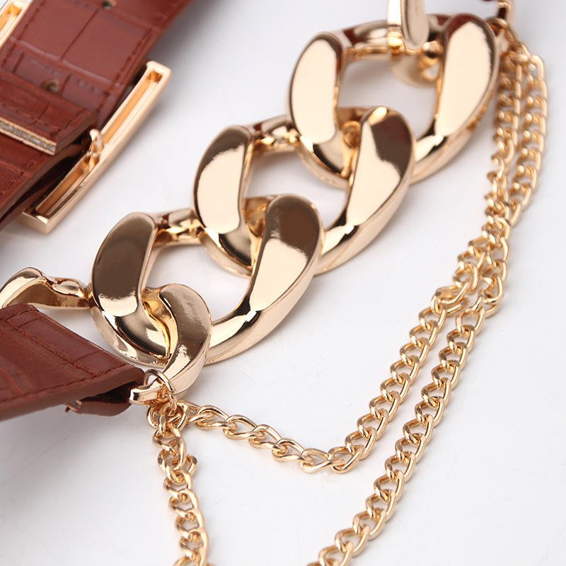 Vintage Style Full Buckle PU Leather Waist Chain Belt for Women 4 Colors Stock Casual Business Gold Color Accessory