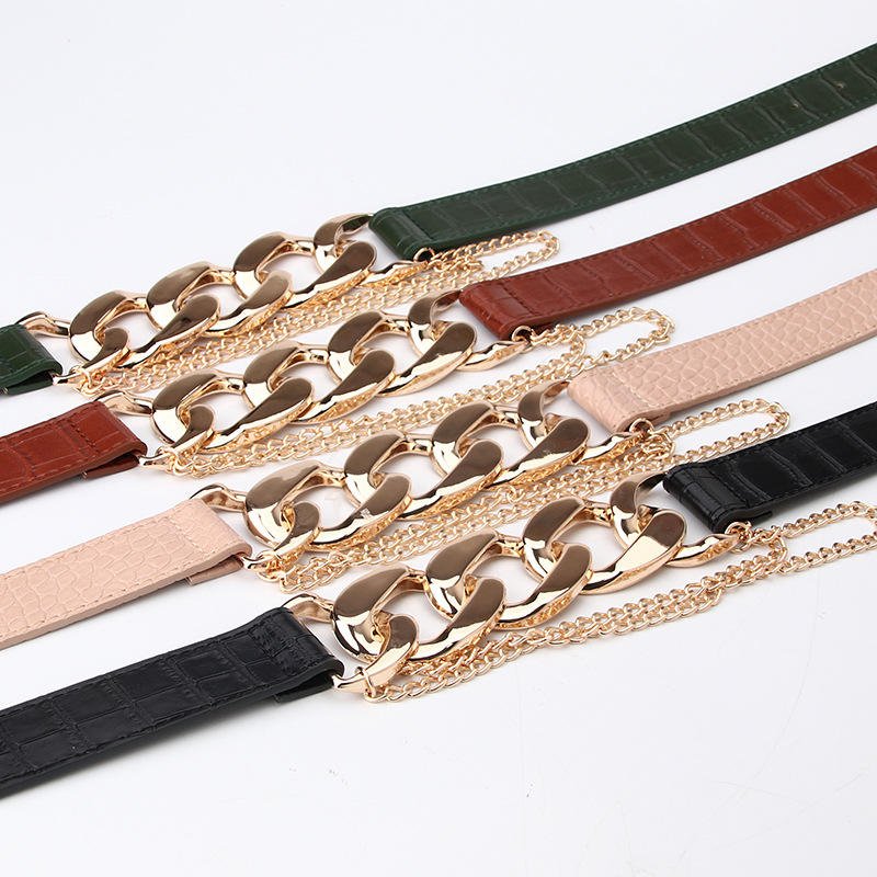 Vintage Style Full Buckle PU Leather Waist Chain Belt for Women 4 Colors Stock Casual Business Gold Color Accessory
