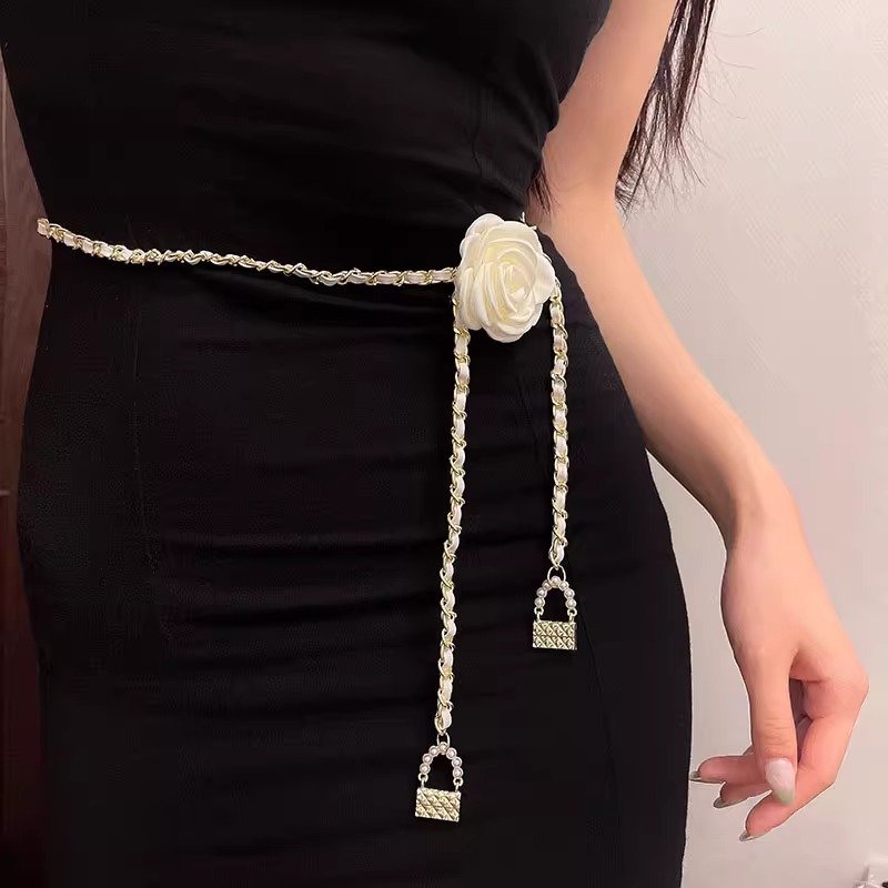 2024 Classic Camellia Flower Body Chain Weave Leather Fashion Waist Chain Women Body Decoration Designer Belt