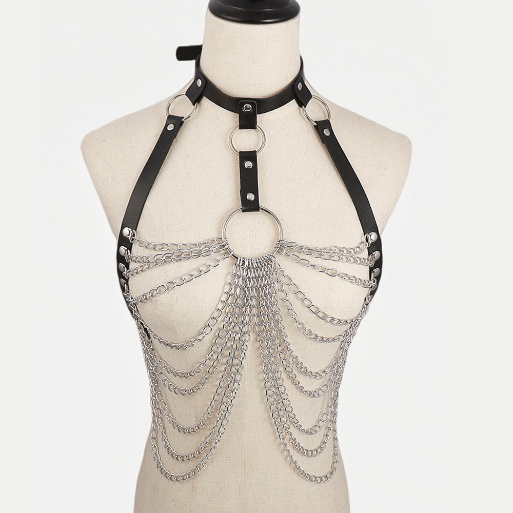 Punk Leather Chain Belt Black Layered Performance belt Body Chain Set Jewelry Accessory for Women and Girl