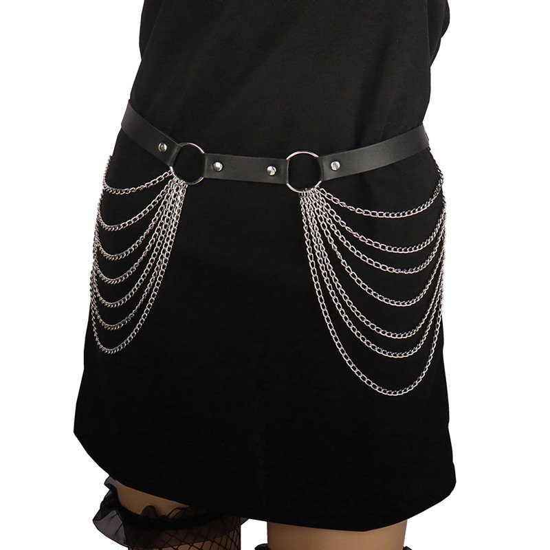 Punk Leather Chain Belt Black Layered Performance belt Body Chain Set Jewelry Accessory for Women and Girl