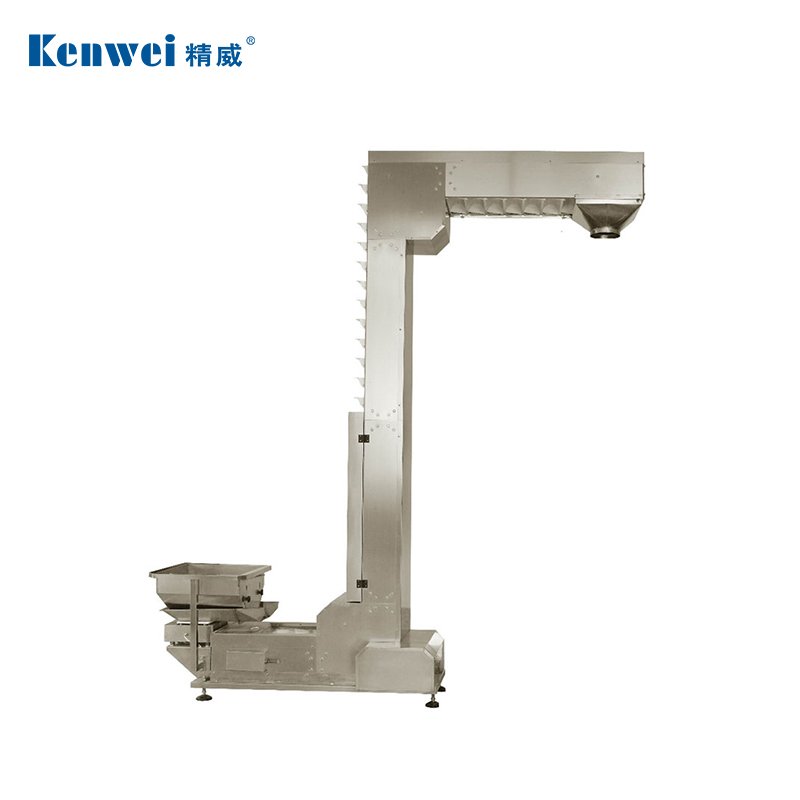 Z bucket elevator link for food packing conveyor belt system