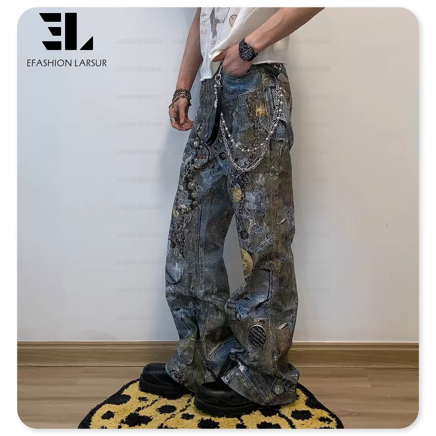 LARSUR Custom factory 3D full dtg printed distress dirty pearl jewels chain jean trompe l'oeil denim graphic digital print jeans