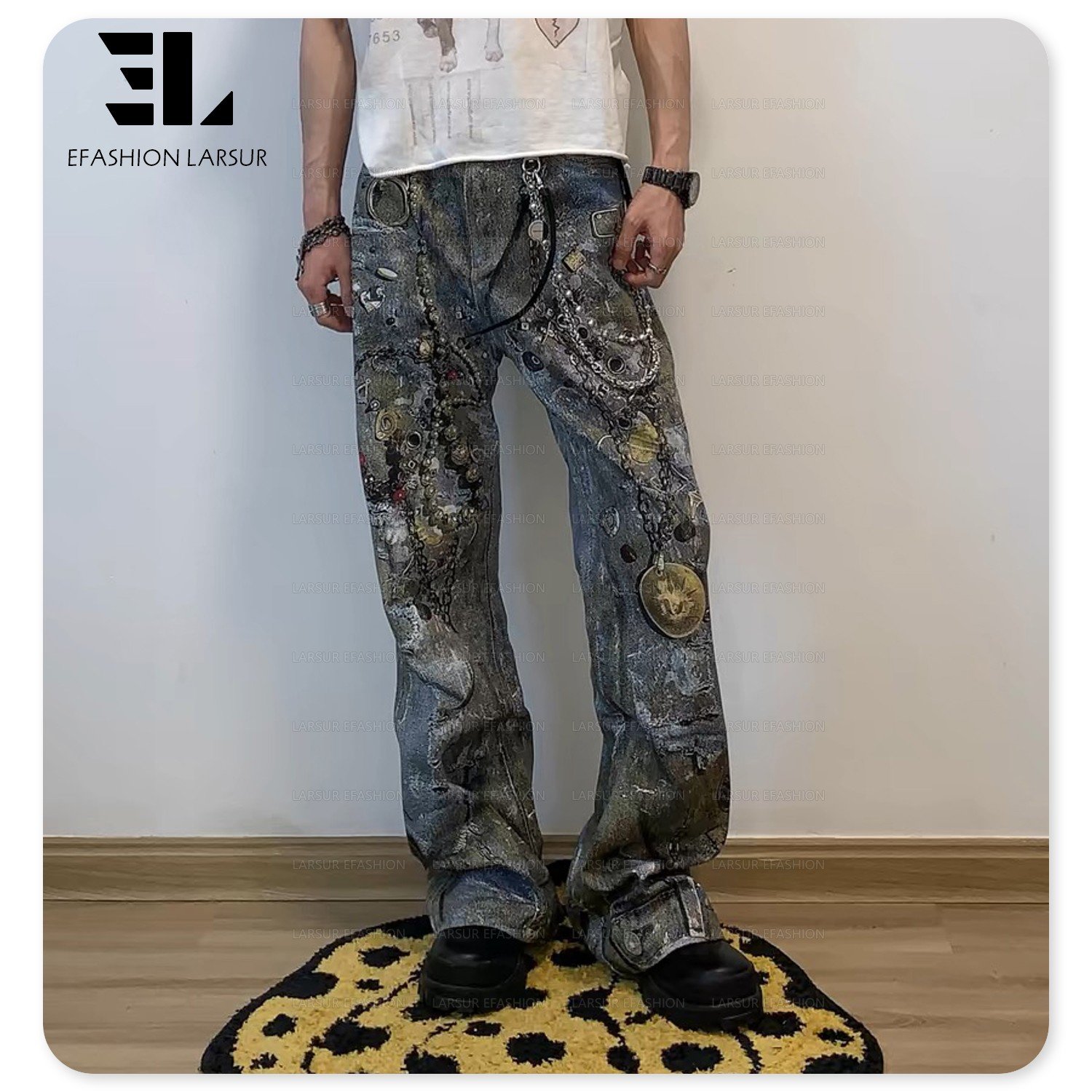 LARSUR Custom factory 3D full dtg printed distress dirty pearl jewels chain jean trompe l'oeil denim graphic digital print jeans