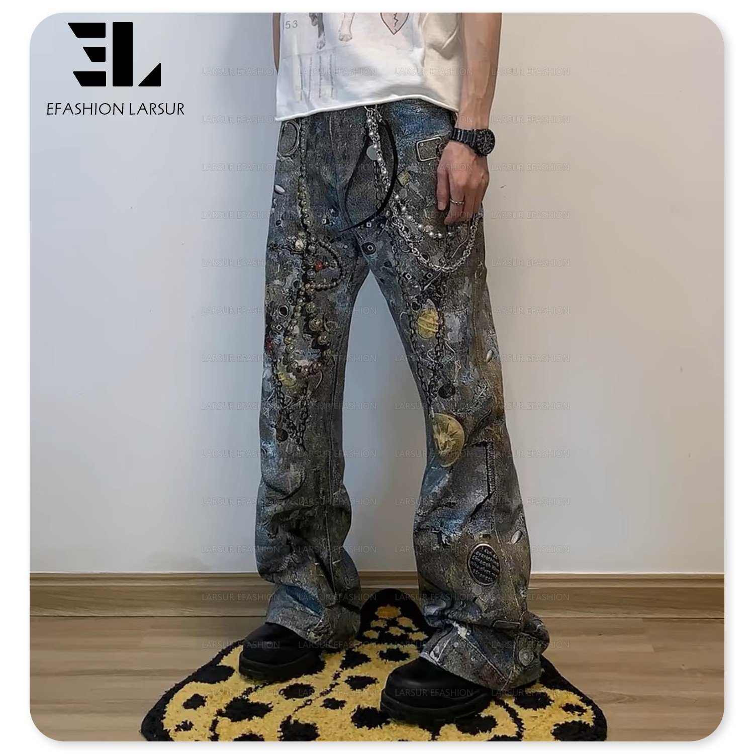 LARSUR Custom factory 3D full dtg printed distress dirty pearl jewels chain jean trompe l'oeil denim graphic digital print jeans