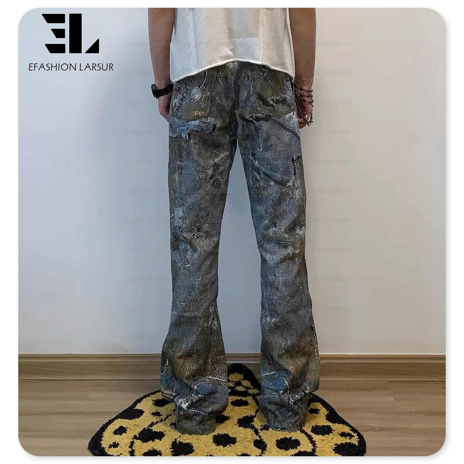 LARSUR Custom factory 3D full dtg printed distress dirty pearl jewels chain jean trompe l'oeil denim graphic digital print jeans