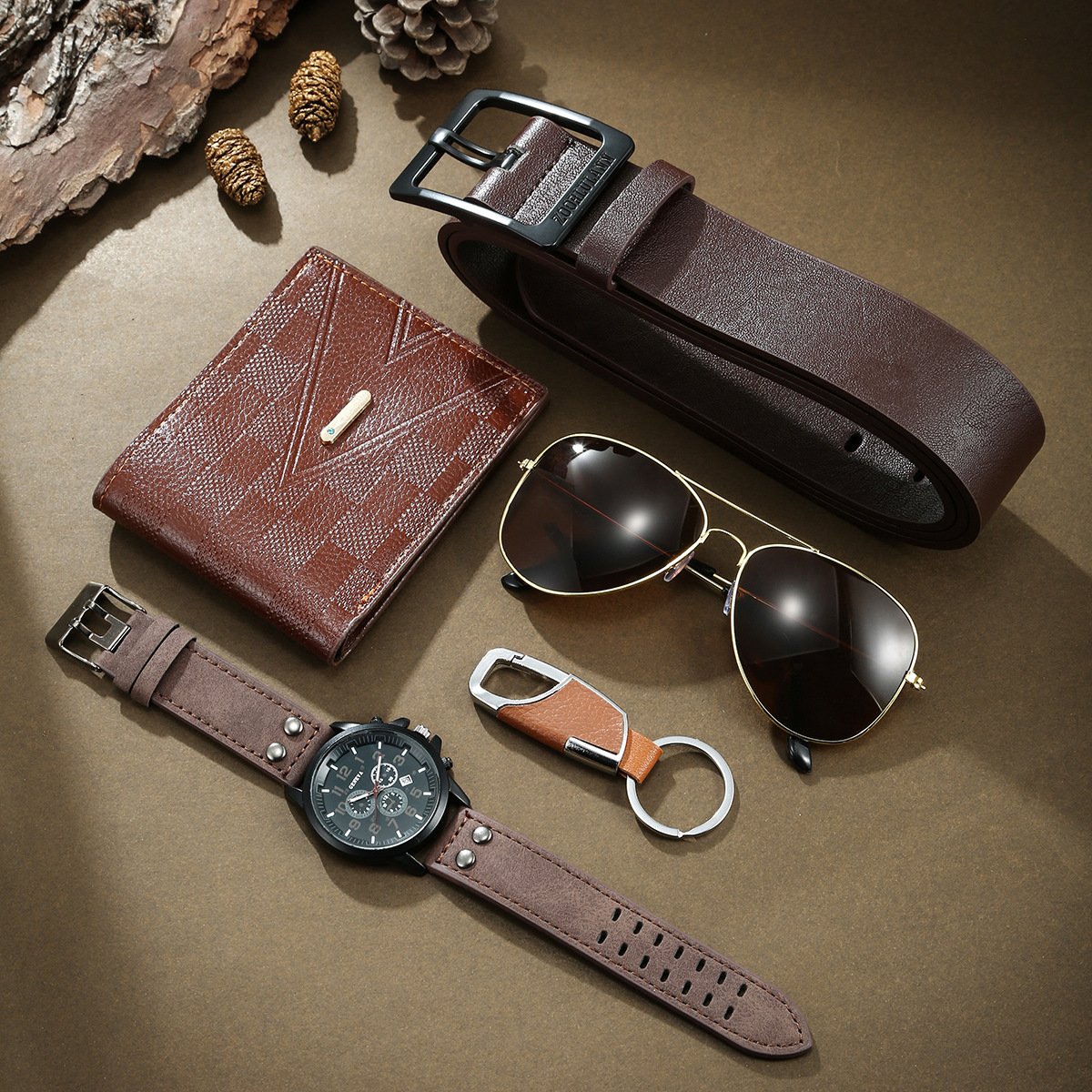 2024 Men's Business Leather Calendar Quartz Watch Belt Sunglasses Wallet Key Chain Gift Box Set
