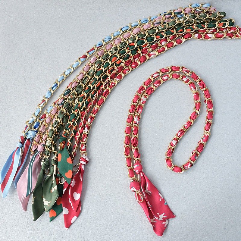 Versatile Long Chain Silk Scarf Phone Straps Lanyard 120cm Gold Bag Accessories Briaed Crossbody Phone Lanyard Necklace