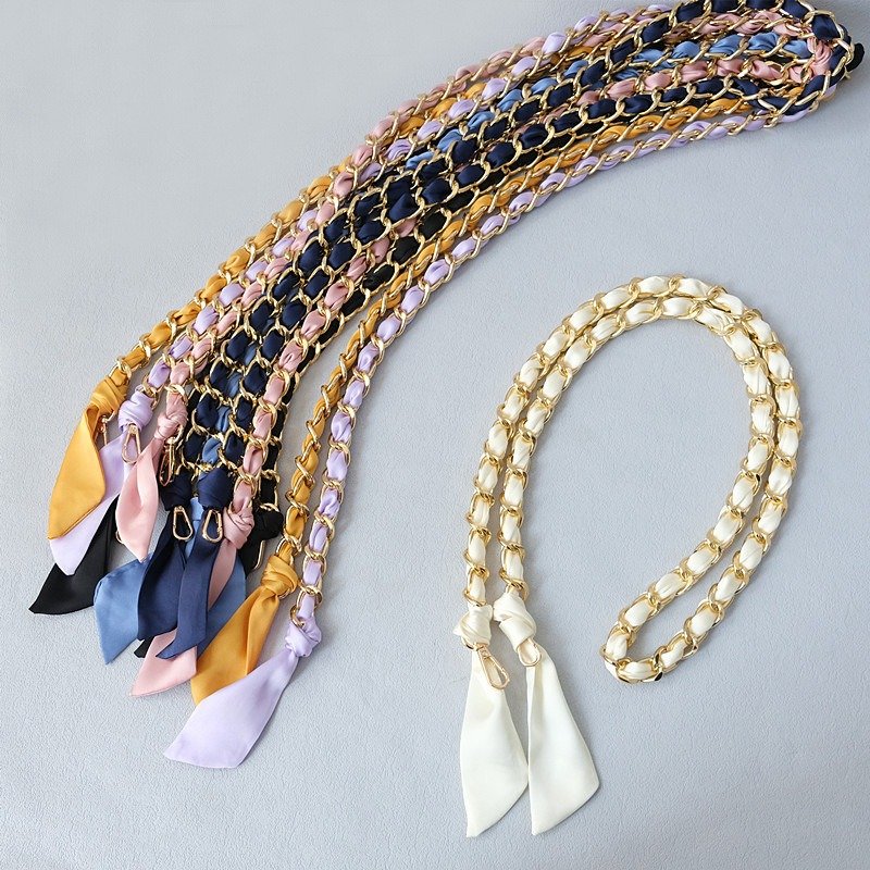 Versatile Long Chain Silk Scarf Phone Straps Lanyard 120cm Gold Bag Accessories Briaed Crossbody Phone Lanyard Necklace