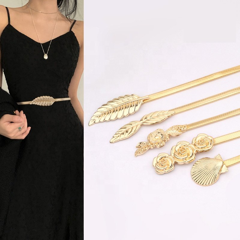 Fashion Elastic Silver Gold Chain Belts for Women Dress Shiny Luxury Skinny Belt Metal Chain Waist Belt