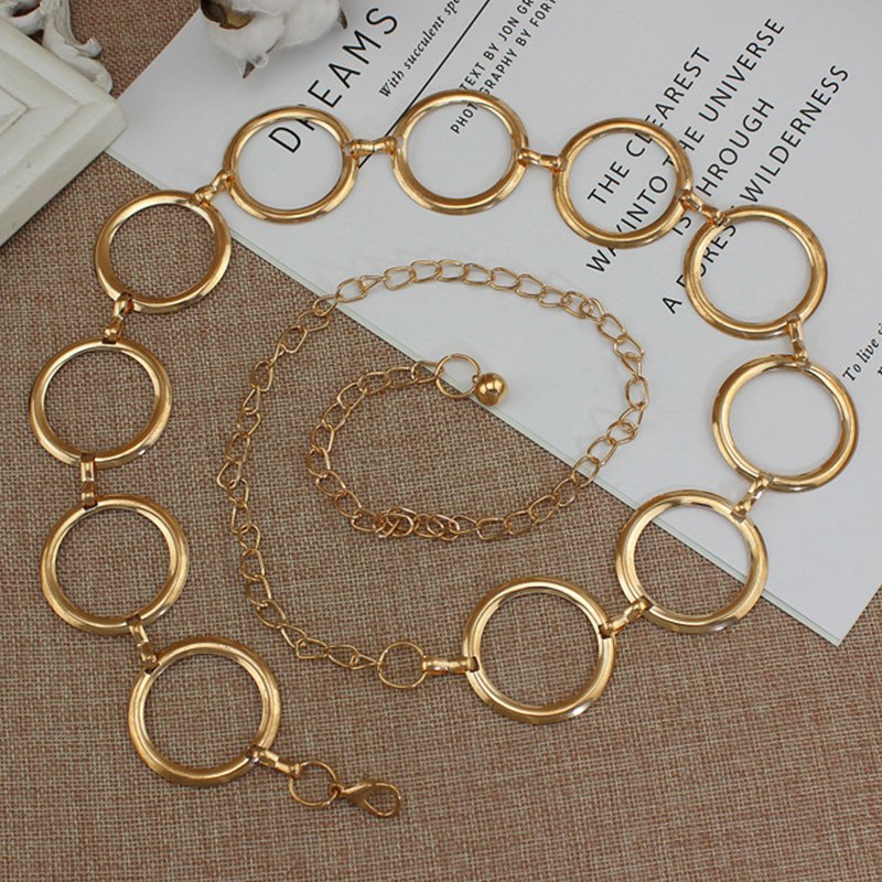 Fashion Women Circle Metal Ladies Geometric Long Belly Waist Chain for Party Dress Belt Silver Gold Waistband