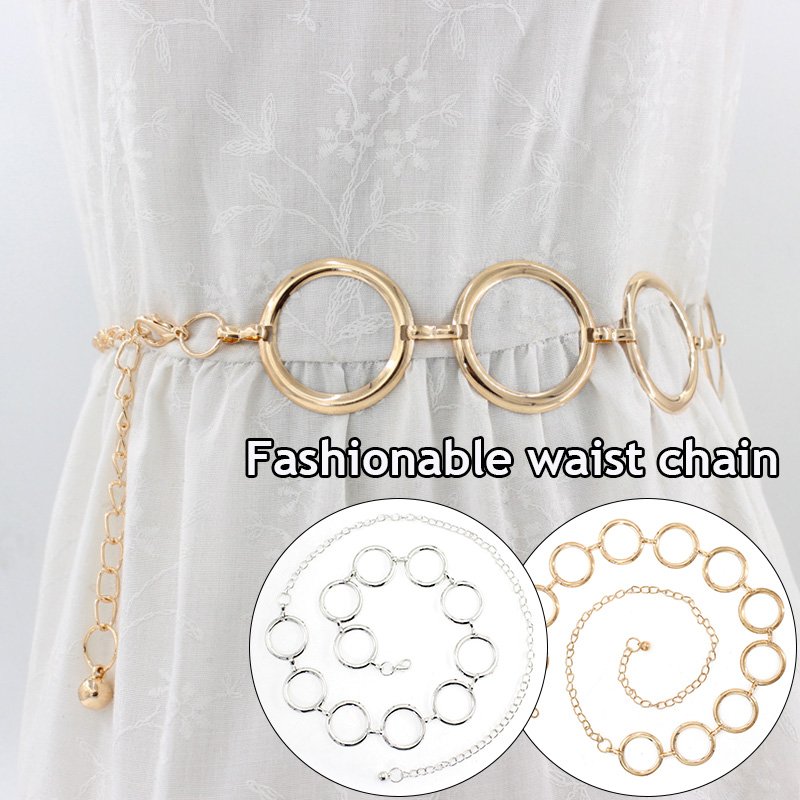 Fashion Women Circle Metal Ladies Geometric Long Belly Waist Chain for Party Dress Belt Silver Gold Waistband