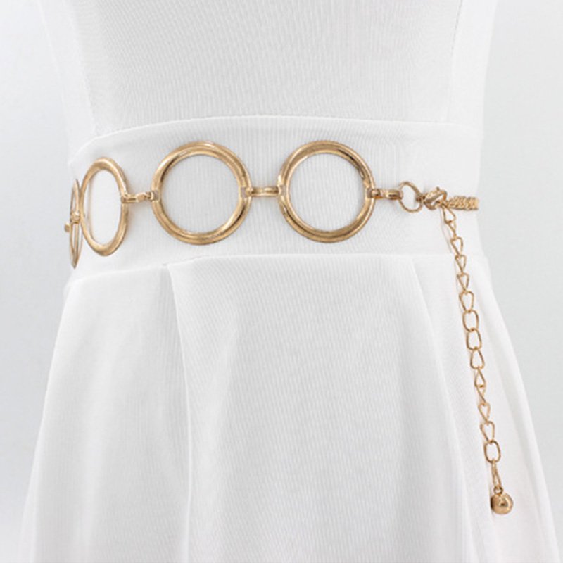 Fashion Women Circle Metal Ladies Geometric Long Belly Waist Chain for Party Dress Belt Silver Gold Waistband