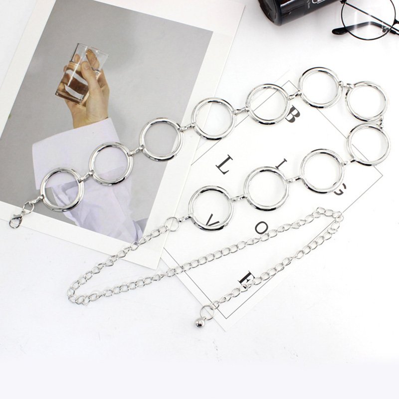 Fashion Women Circle Metal Ladies Geometric Long Belly Waist Chain for Party Dress Belt Silver Gold Waistband