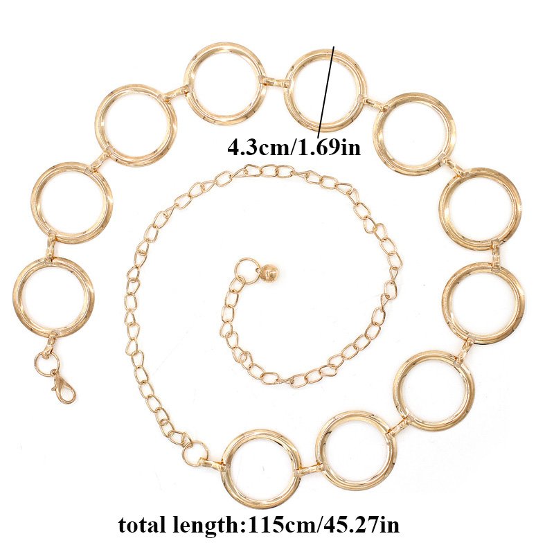 Fashion Women Circle Metal Ladies Geometric Long Belly Waist Chain for Party Dress Belt Silver Gold Waistband