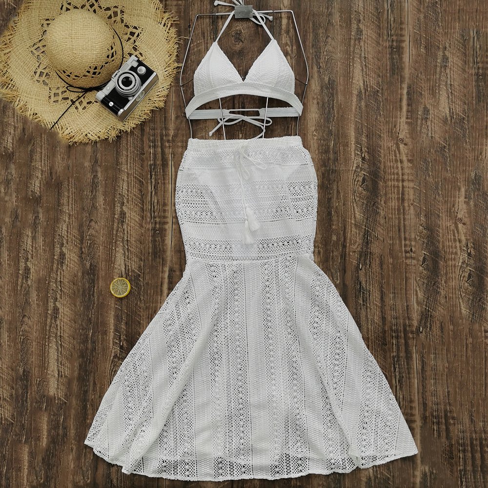STOCK Triangle Top Lace Overlay Women 3Pieces Swimwear Lace Long Skirt Two Pieces Swimsuit