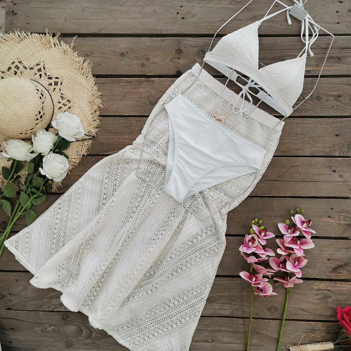 STOCK Triangle Top Lace Overlay Women 3Pieces Swimwear Lace Long Skirt Two Pieces Swimsuit