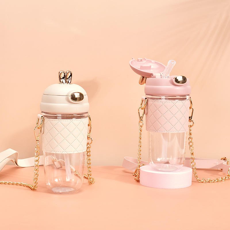Summer Fashion Cute Rabbit Cartoon Women Student Drinking Leather Sleeve Water Bottle With Straw And Chain Belt