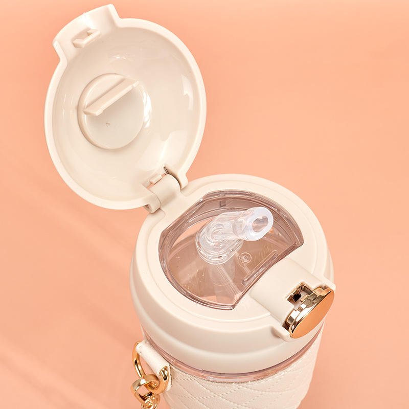 Summer Fashion Cute Rabbit Cartoon Women Student Drinking Leather Sleeve Water Bottle With Straw And Chain Belt