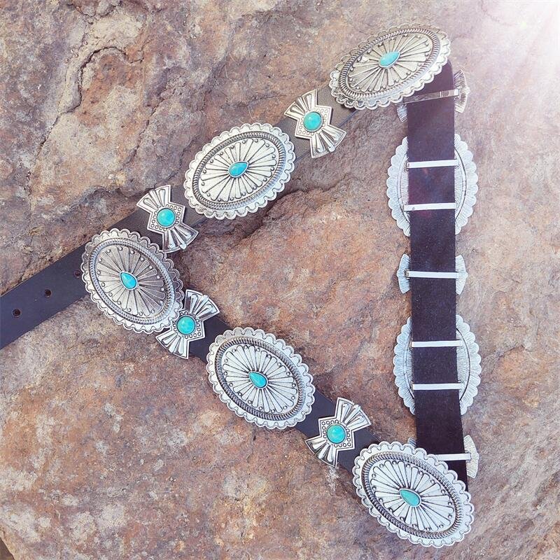 Vintage Indian Western Jewelry Accessories Turquoise Leather Metal Waist Chain Belt Cowgirl Cowboy