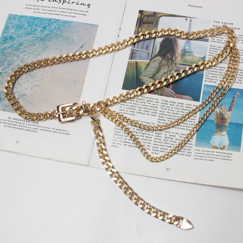 Ladies Fashion Accessories Luxury Designer High Quality Gold Silver Metal Thick Chain Waist Belts for Women